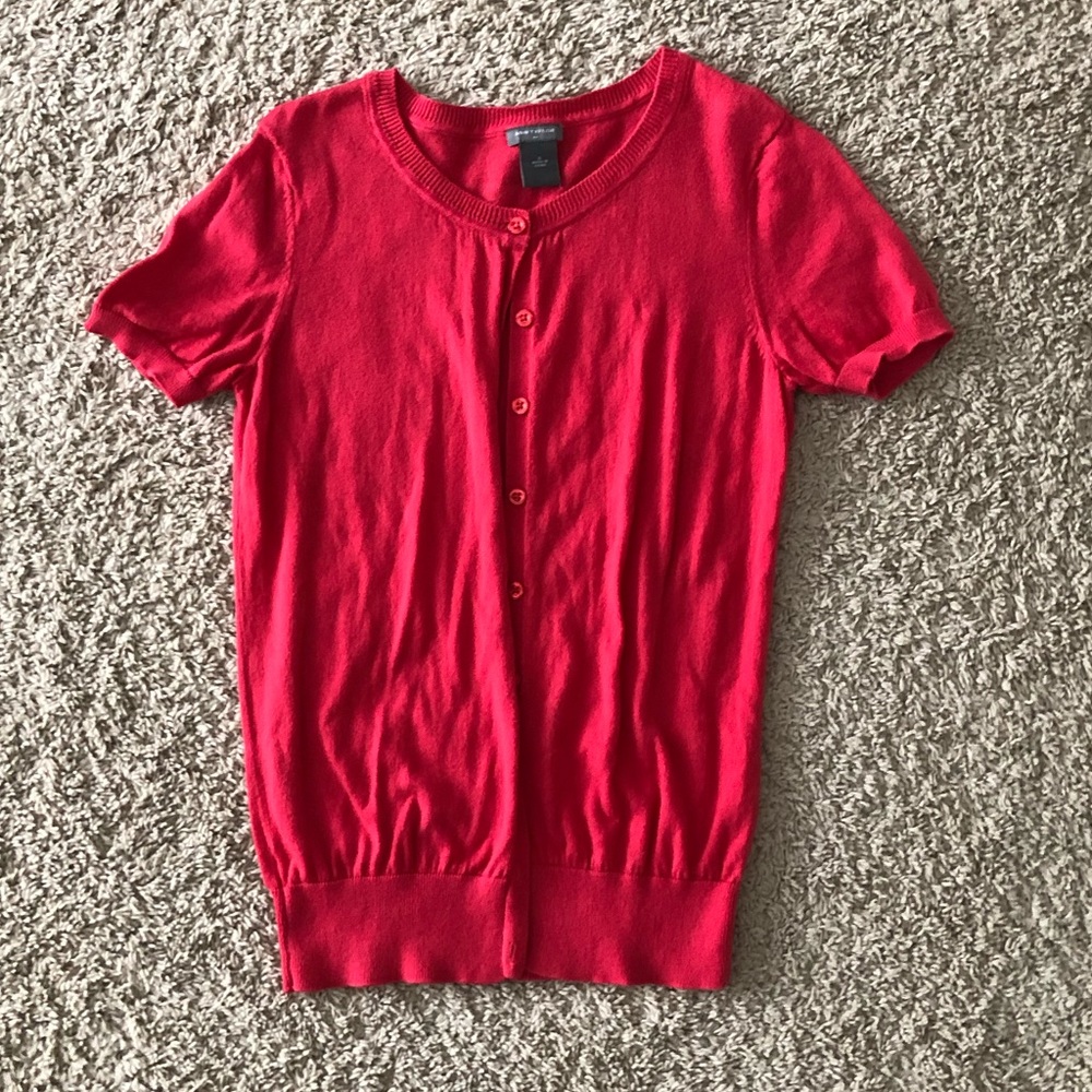 Ann Taylor Red Short Sleeve Button Front Sweater Cardigan